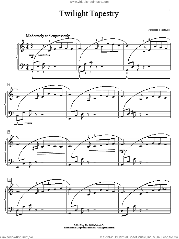 Twilight Tapestry sheet music for piano solo (elementary) by Randall Hartsell, beginner piano (elementary)