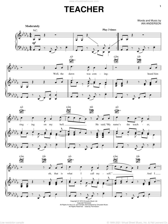 Teacher sheet music for voice, piano or guitar by Jethro Tull and Ian Anderson, intermediate skill level