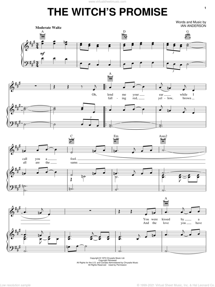 The Witch's Promise sheet music for voice, piano or guitar by Jethro Tull and Ian Anderson, intermediate skill level