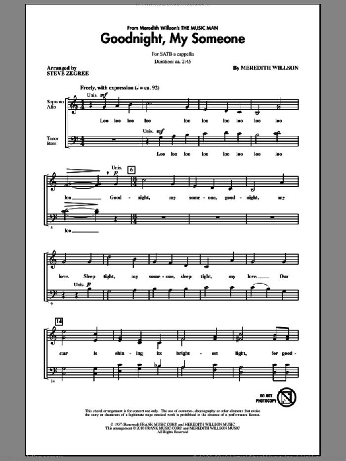 Goodnight, My Someone sheet music for choir (SATB: soprano, alto, tenor, bass) by Meredith Willson and Steve Zegree, intermediate skill level