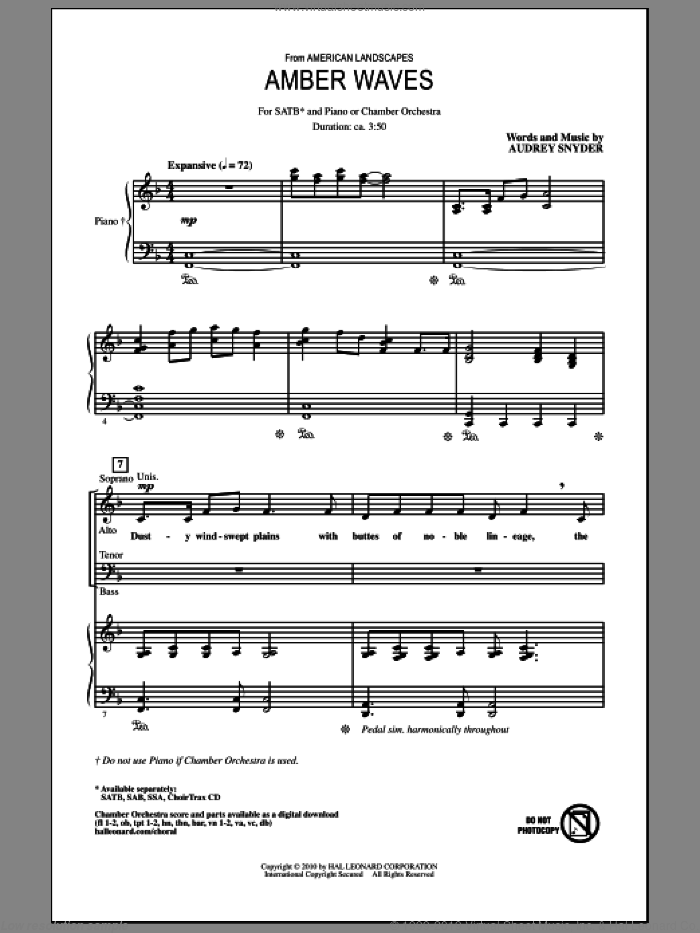 Amber Waves sheet music for choir (SATB: soprano, alto, tenor, bass) by Audrey Snyder, intermediate skill level