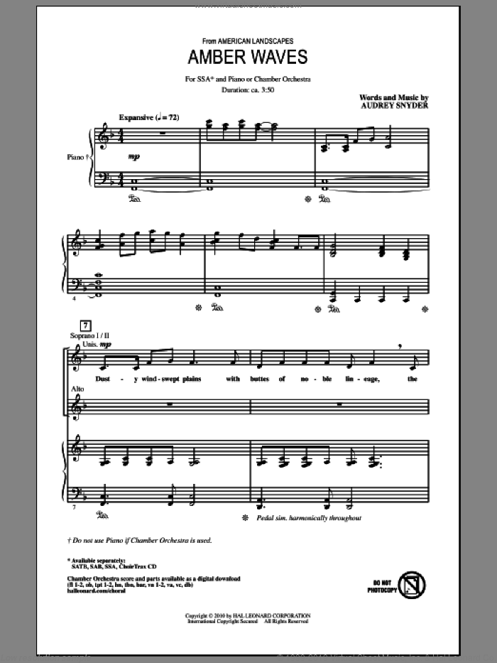 Amber Waves sheet music for choir (SSA: soprano, alto) by Audrey Snyder, intermediate skill level