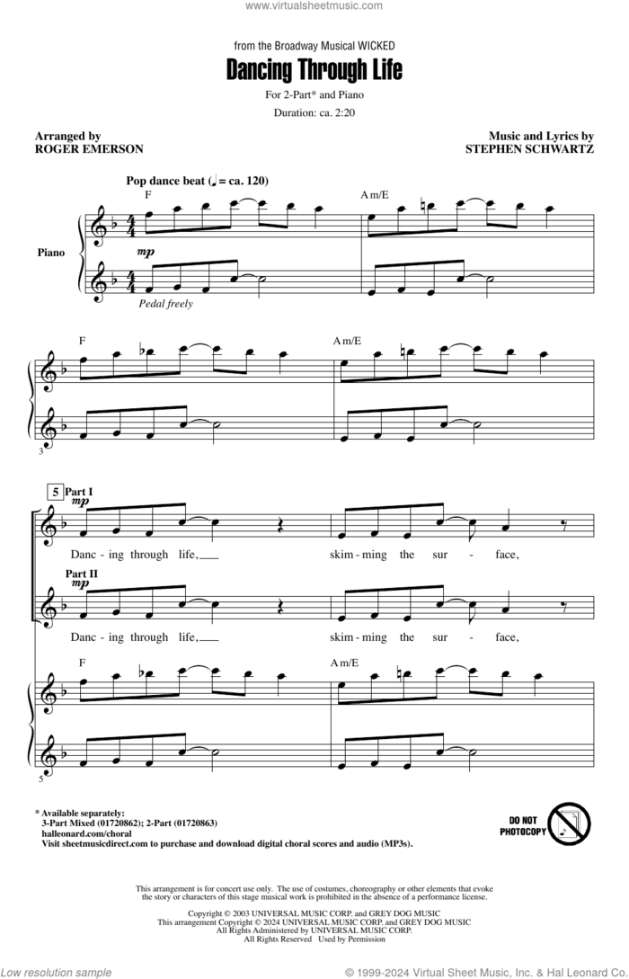 Dancing Through Life (from Wicked) (arr. Roger Emerson) sheet music for choir (2-Part) by Stephen Schwartz and Roger Emerson, intermediate duet