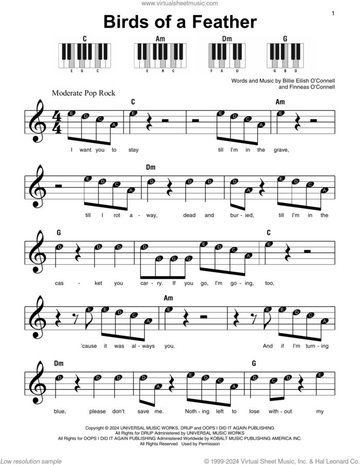 BIRDS OF A FEATHER, (beginner) sheet music for piano solo by Billie Eilish, beginner skill level