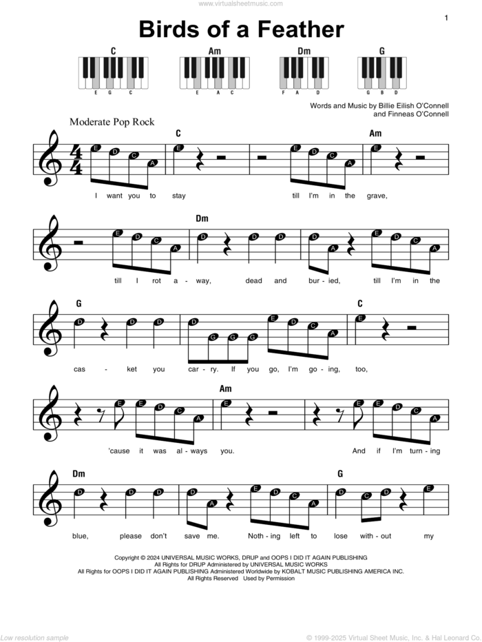 BIRDS OF A FEATHER sheet music for piano solo by Billie Eilish, beginner skill level
