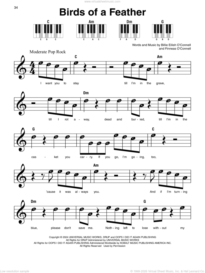 BIRDS OF A FEATHER sheet music for piano solo by Billie Eilish, beginner skill level