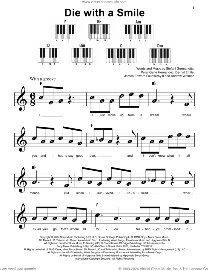 Die With A Smile sheet music for piano solo by Bruno Mars & Lady Gaga, Andrew Wotman, Dernst Emile, James Fauntleroy, Lady Gaga and Peter Gene Hernandez, beginner skill level