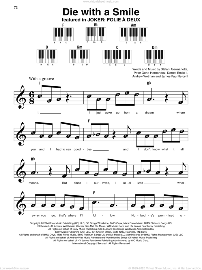 Die With A Smile sheet music for piano solo by Bruno Mars & Lady Gaga, Andrew Wotman, Dernst Emile, James Fauntleroy, Lady Gaga and Peter Gene Hernandez, beginner skill level
