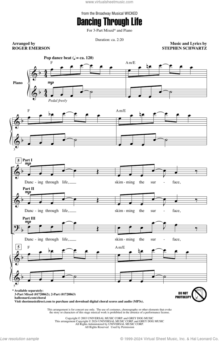 Dancing Through Life (from Wicked) (arr. Roger Emerson) sheet music for choir (3-Part Mixed) by Stephen Schwartz and Roger Emerson, intermediate skill level