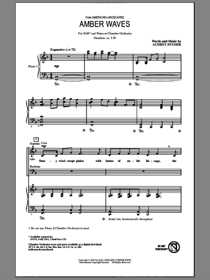 Amber Waves sheet music for choir (SAB: soprano, alto, bass) by Audrey Snyder, intermediate skill level