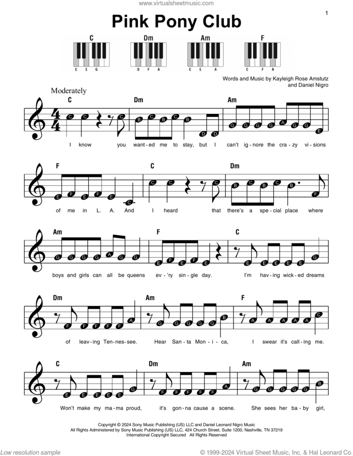 Pink Pony Club sheet music for piano solo by Chappell Roan, Daniel Nigro and Kayleigh Rose Amstutz, beginner skill level