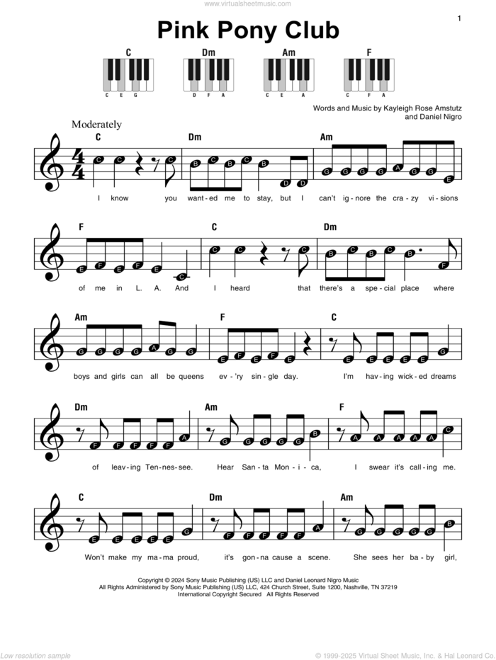 Pink Pony Club sheet music for piano solo by Chappell Roan, Daniel Nigro and Kayleigh Rose Amstutz, beginner skill level