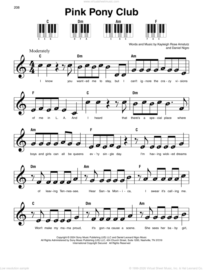 Pink Pony Club, (beginner) sheet music for piano solo by Chappell Roan, Daniel Nigro and Kayleigh Rose Amstutz, beginner skill level