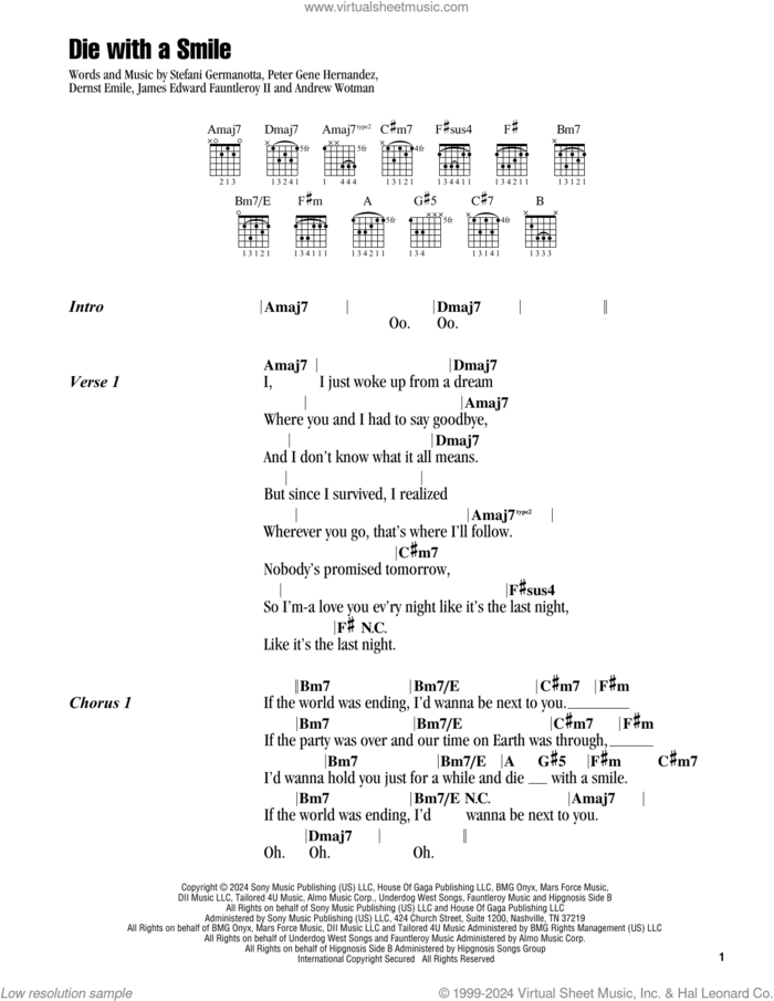 Die With A Smile sheet music for guitar (chords) by Bruno Mars & Lady Gaga, Andrew Wotman, Dernst Emile, James Fauntleroy, Lady Gaga and Peter Gene Hernandez, intermediate skill level