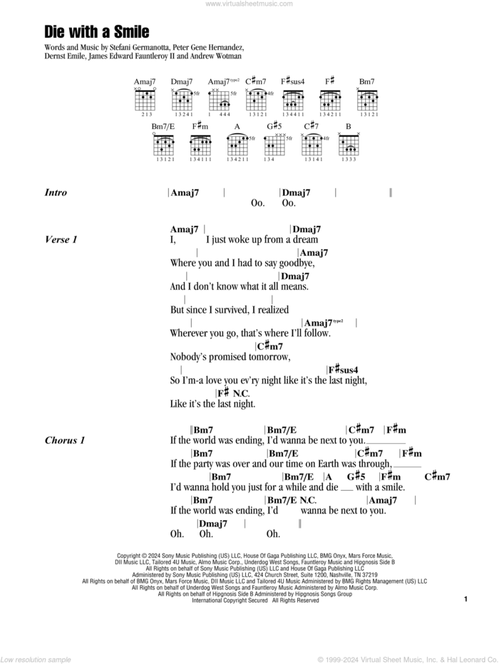 Die With A Smile sheet music for guitar (chords) by Bruno Mars & Lady Gaga, Andrew Wotman, Dernst Emile, James Fauntleroy, Lady Gaga and Peter Gene Hernandez, intermediate skill level