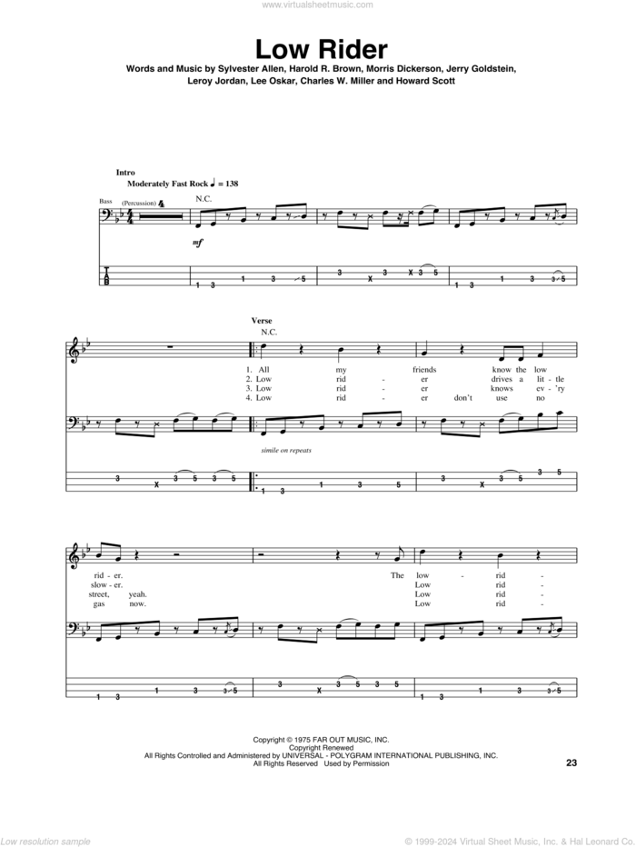 Low Rider sheet music for bass (tablature) (bass guitar) by War, Charles W. Miller, Harold R. Brown, Howard Scott, Jerry Goldstein, Lee Oskar, Leroy Jordan, Morris Dickerson and Sylvester Allen, intermediate skill level