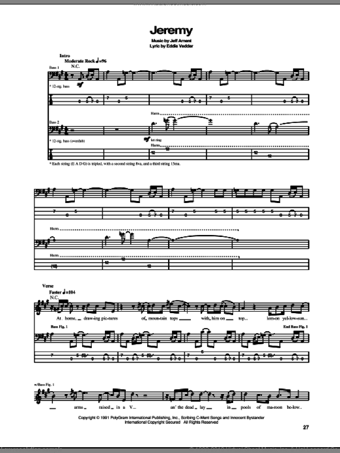 Jeremy sheet music for bass (tablature) (bass guitar) by Pearl Jam, Eddie Vedder and Jeff Ament, intermediate skill level