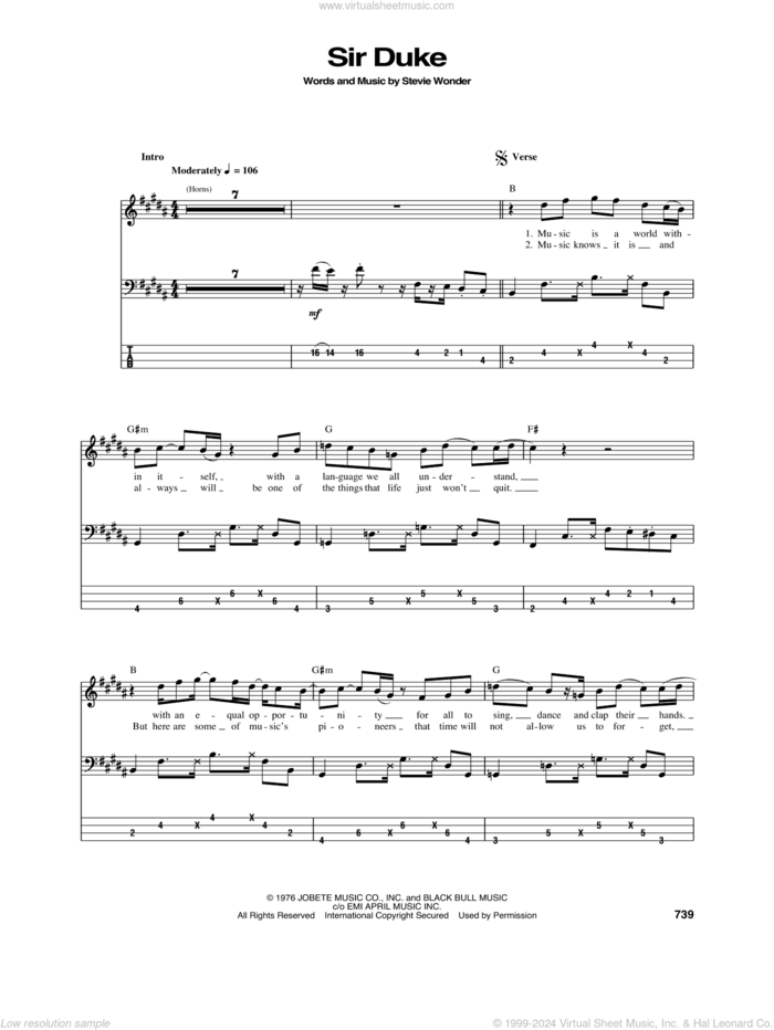 Sir Duke sheet music for bass (tablature) (bass guitar) by Stevie Wonder, intermediate skill level