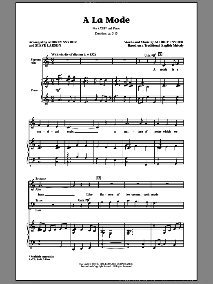 A La Mode sheet music for choir (SATB: soprano, alto, tenor, bass) by Audrey Snyder and Steve Larson, intermediate skill level