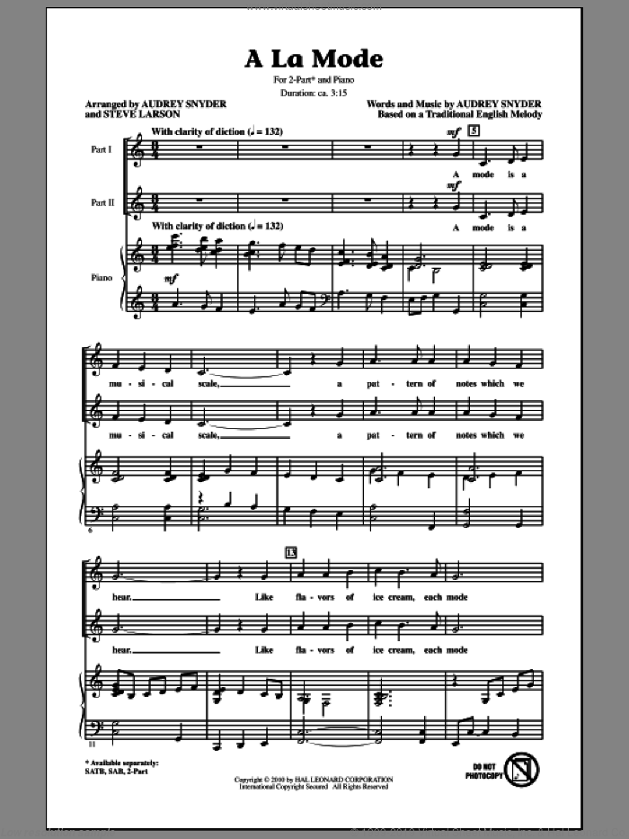 A La Mode sheet music for choir (2-Part) by Audrey Snyder and Steve Larson, intermediate duet