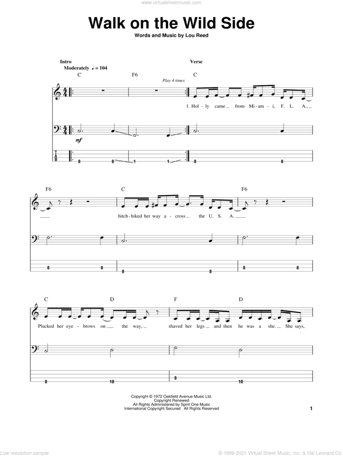Walk On The Wild Side sheet music for bass (tablature) (bass guitar) by Lou Reed, intermediate skill level