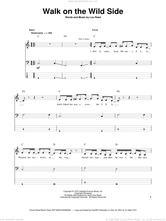 Walk On The Wild Side sheet music for bass (tablature) (bass guitar) by Lou Reed, intermediate skill level