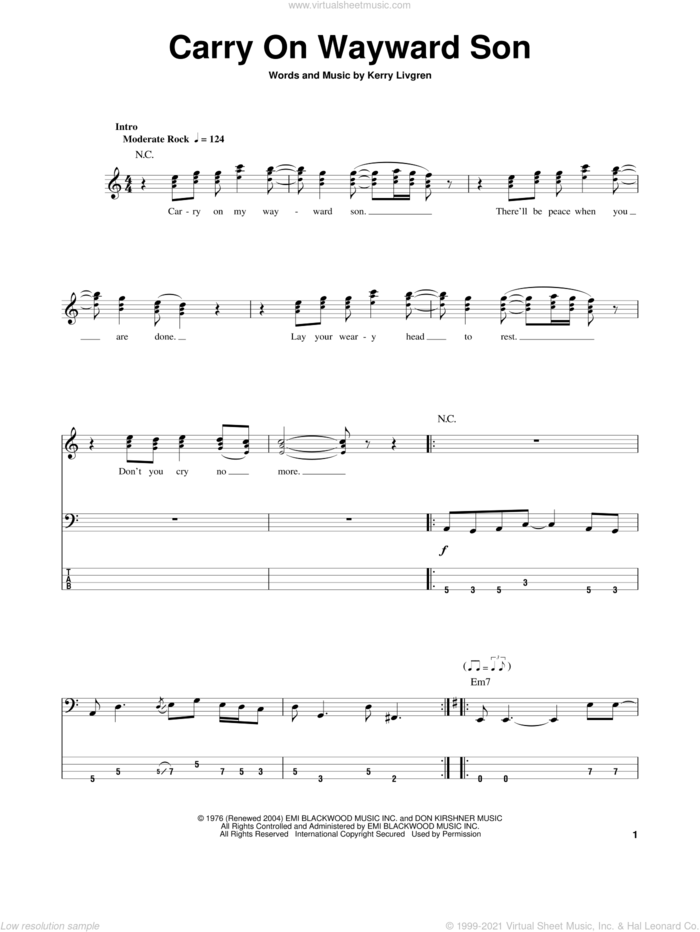 Carry On Wayward Son sheet music for bass (tablature) (bass guitar) by Kansas and Kerry Livgren, intermediate skill level