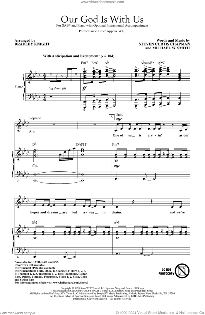 Our God Is With Us (arr. Bradley Knight) sheet music for choir (SAB: soprano, alto, bass) by Steven Curtis Chapman, Bradley Knight and Michael W. Smith, intermediate skill level