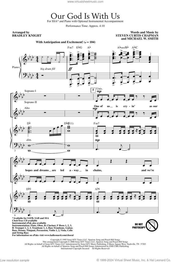 Our God Is With Us (arr. Bradley Knight) sheet music for choir (SSA: soprano, alto) by Steven Curtis Chapman, Bradley Knight and Michael W. Smith, intermediate skill level