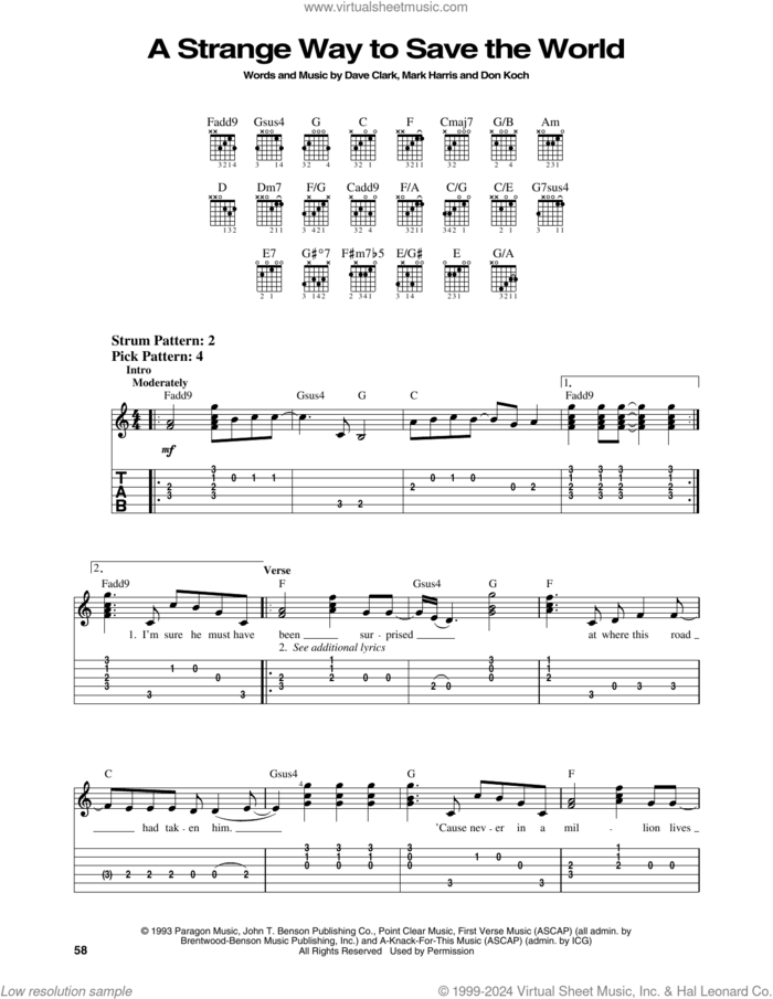 A Strange Way To Save The World sheet music for guitar solo (easy tablature) by 4Him, Dave Clark, Don Koch and Mark Harris, easy guitar (easy tablature)