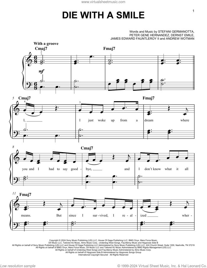 Die With A Smile, (easy) sheet music for piano solo by Bruno Mars & Lady Gaga, Andrew Wotman (Andrew Watt), Dernst Emile, James Fauntleroy, Lady Gaga and Peter Gene Hernandez, easy skill level