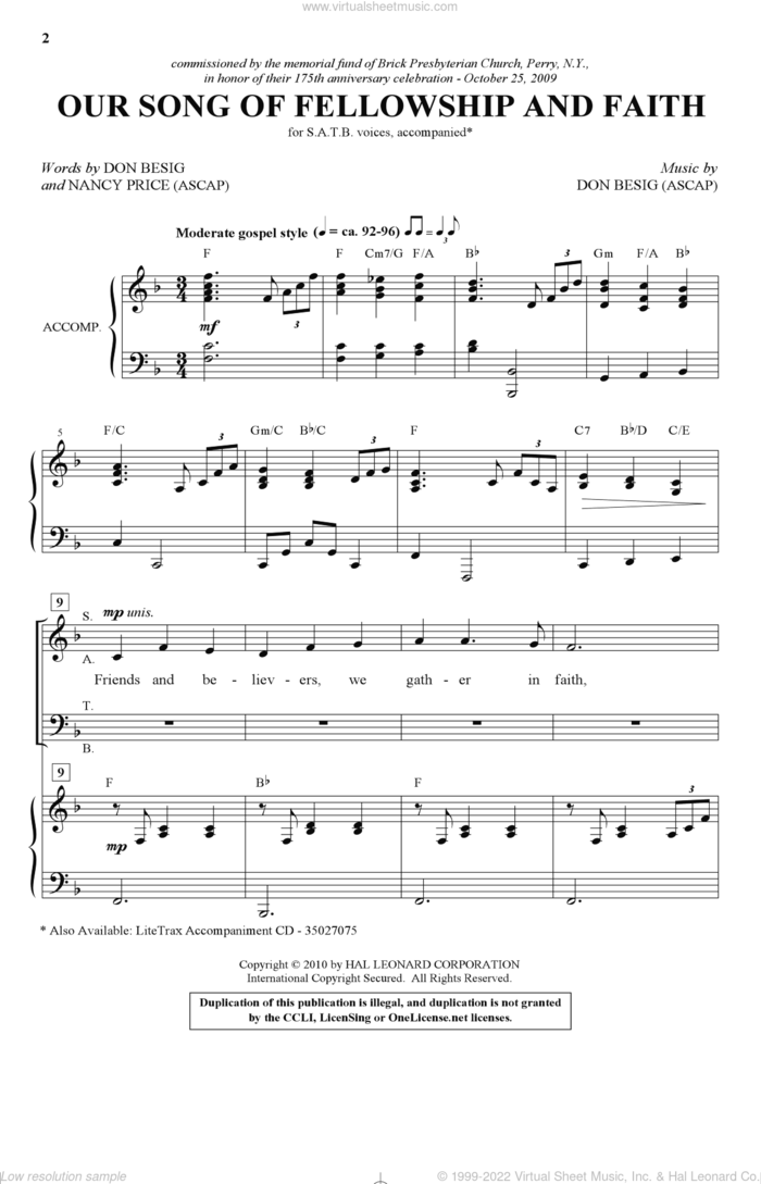 Our Song Of Fellowship And Faith sheet music for choir (SATB: soprano, alto, tenor, bass) by Don Besig and Nancy Price, intermediate skill level