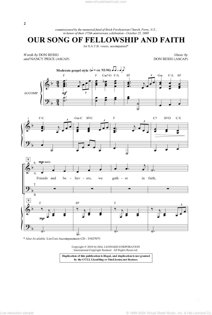 Our Song Of Fellowship And Faith sheet music for choir (SATB: soprano, alto, tenor, bass) by Don Besig and Nancy Price, intermediate skill level