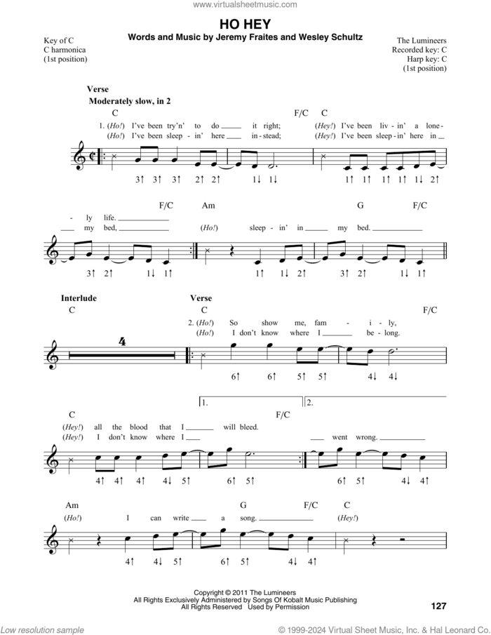 Ho Hey sheet music for harmonica solo by The Lumineers, Jeremy Fraites and Wesley Schultz, intermediate skill level