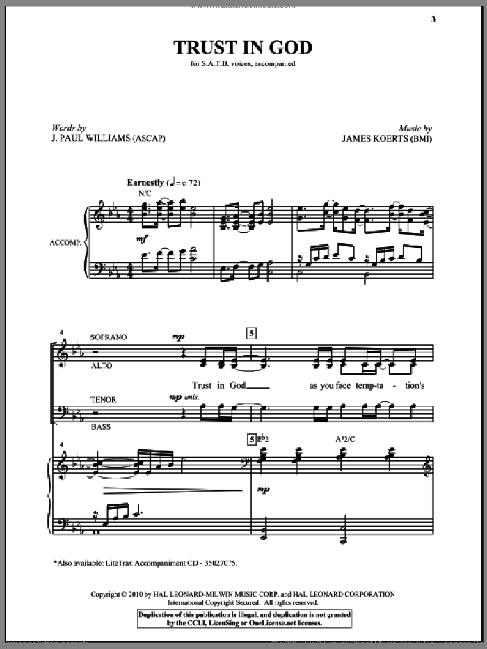 Trust In God sheet music for choir (SATB: soprano, alto, tenor, bass) by J. Paul Williams and James Koerts, intermediate skill level