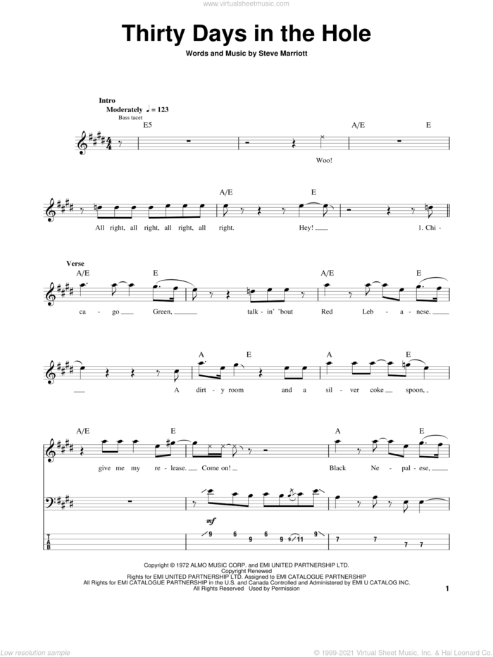 Thirty Days In The Hole sheet music for bass (tablature) (bass guitar) by Humble Pie and Steve Marriott, intermediate skill level