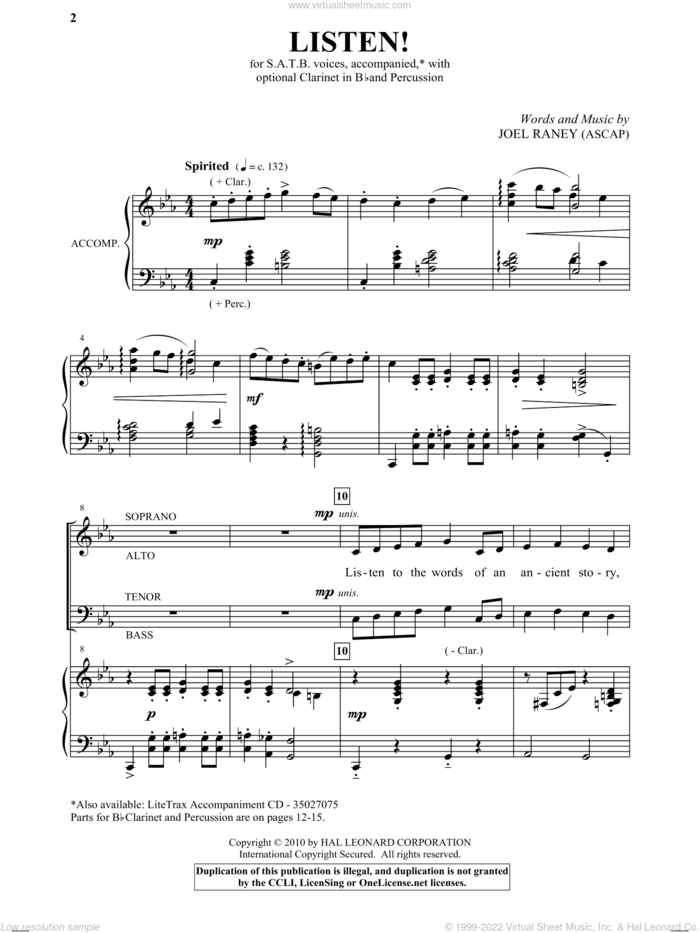 Listen! sheet music for choir (SATB: soprano, alto, tenor, bass) by Joel Raney, intermediate skill level