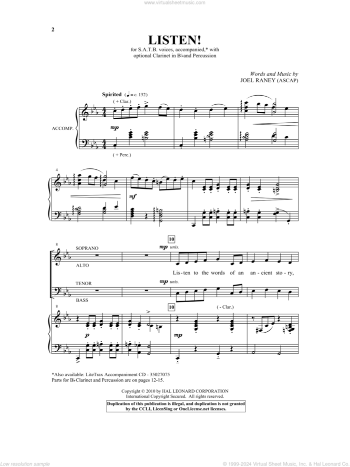 Listen! sheet music for choir (SATB: soprano, alto, tenor, bass) by Joel Raney, intermediate skill level