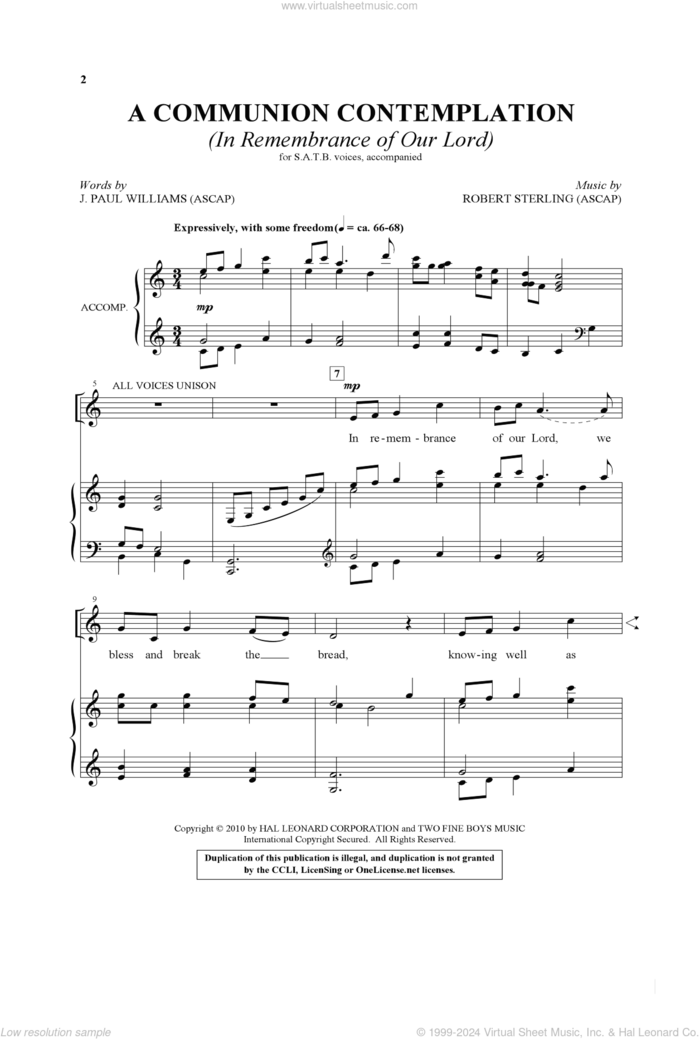 A Communion Contemplation (In Remembrance Of Our Lord) sheet music for choir (SATB: soprano, alto, tenor, bass) by Robert Sterling and J. Paul Williams, intermediate skill level