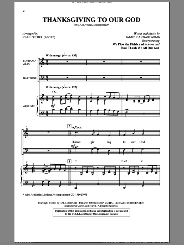 Thanksgiving To Our God sheet music for choir (SAB: soprano, alto, bass) by James Barnard and Stan Pethel, intermediate skill level