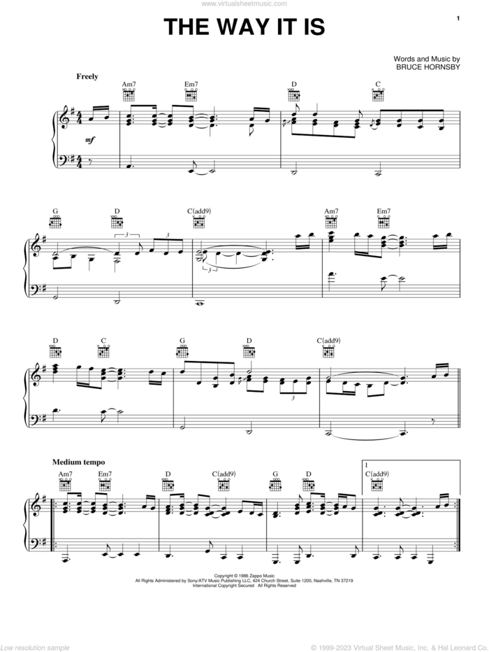 The Way It Is sheet music for voice, piano or guitar by Bruce Hornsby, intermediate skill level
