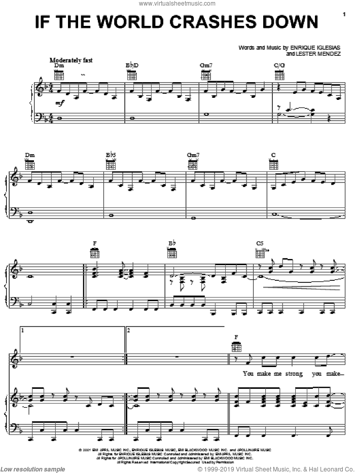 If The World Crashes Down sheet music for voice, piano or guitar by Enrique Iglesias and Lester Mendez, intermediate skill level