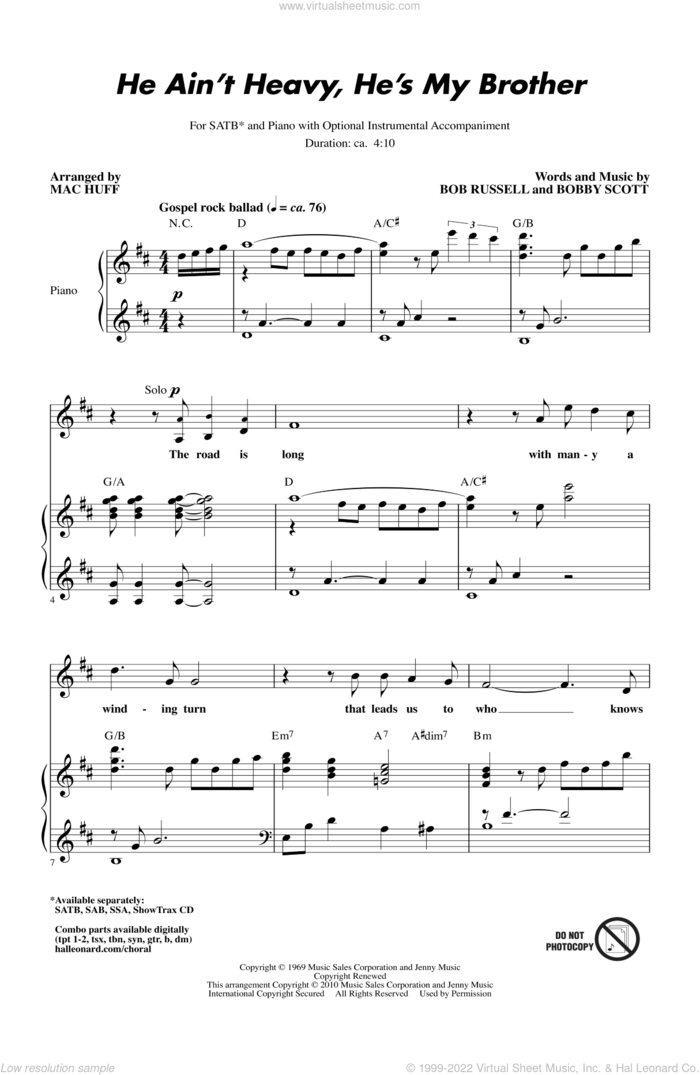He Ain't Heavy, He's My Brother sheet music for choir (SATB: soprano, alto, tenor, bass) by Bob Russell, Bobby Scott, Mac Huff and The Hollies, intermediate skill level