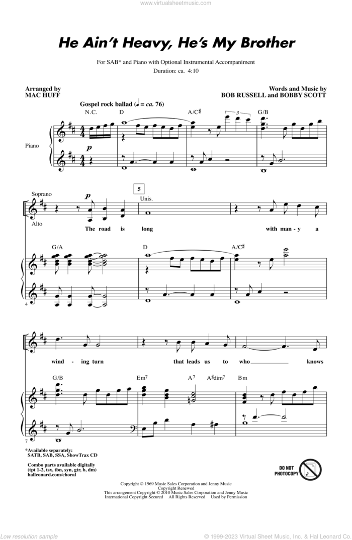 He Ain't Heavy, He's My Brother sheet music for choir (SAB: soprano, alto, bass) by Bob Russell, Bobby Scott, Mac Huff and The Hollies, intermediate skill level