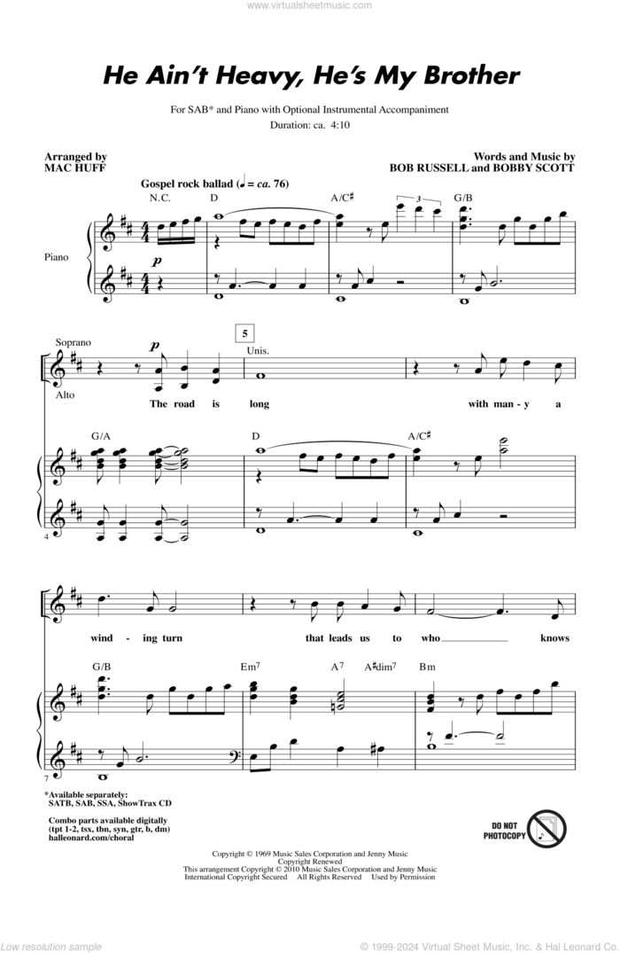 He Ain't Heavy, He's My Brother sheet music for choir (SAB: soprano, alto, bass) by Bob Russell, Bobby Scott, Mac Huff and The Hollies, intermediate skill level