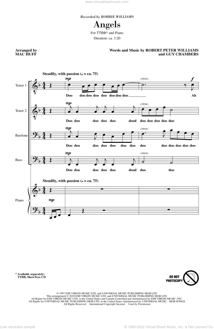 Angels sheet music for choir (TTBB: tenor, bass) by Mac Huff, Guy Chambers, Robert Peter Williams and Robbie Williams, intermediate skill level