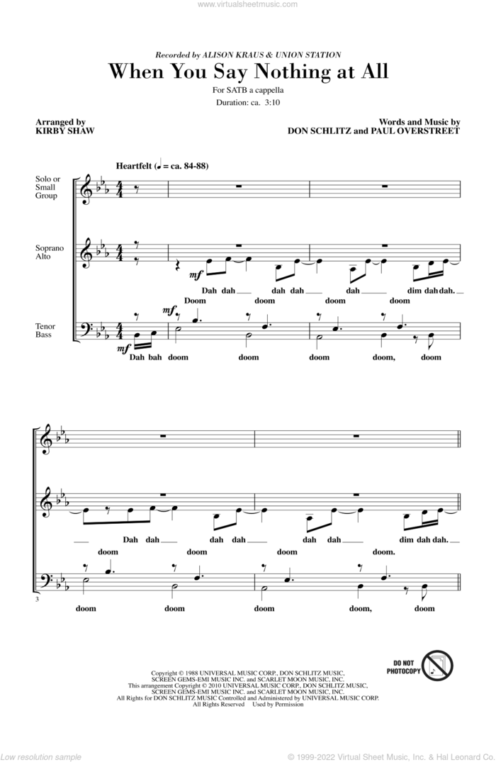 When You Say Nothing At All sheet music for choir (SATB: soprano, alto, tenor, bass) by Don Schlitz, Paul Overstreet, Alison Krauss and Kirby Shaw, intermediate skill level