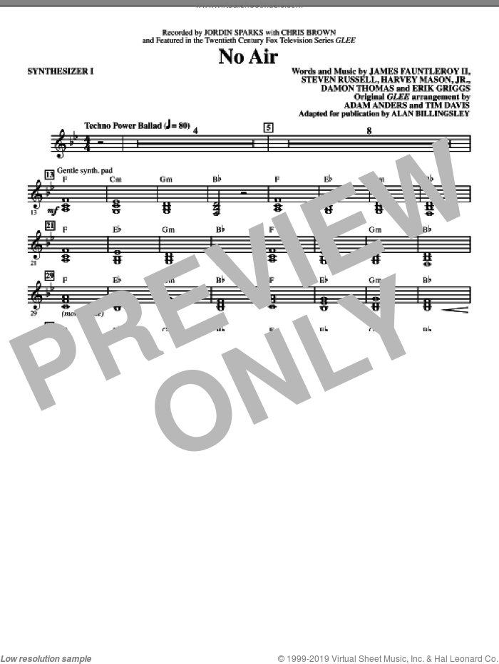 No Air (from Glee) (adapt. Alan Billingsley) (complete set of parts) sheet music for orchestra/band (Rhythm) by Alan Billingsley, Damon Thomas, Erik Griggs, Harvey Mason, Jr., James Fauntleroy, Steven Russell, Adam Anders, Chris Brown, Glee Cast, Jordin Sparks, Miscellaneous and Tim Davis, intermediate skill level