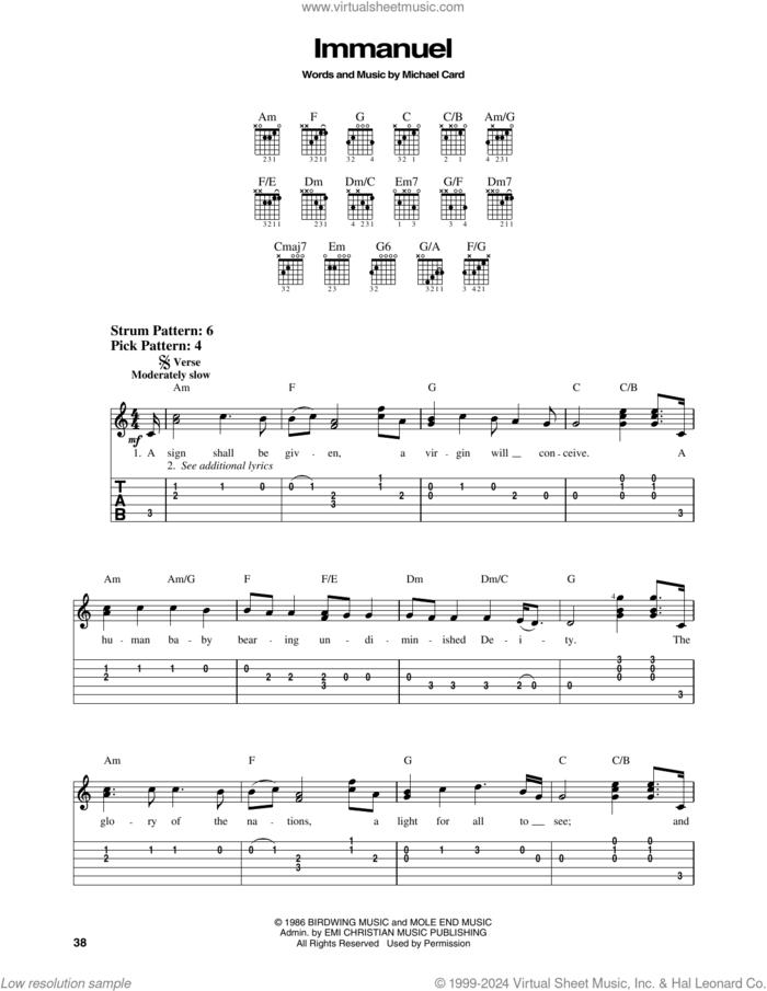 Immanuel sheet music for guitar solo (easy tablature) by Michael Card, easy guitar (easy tablature)