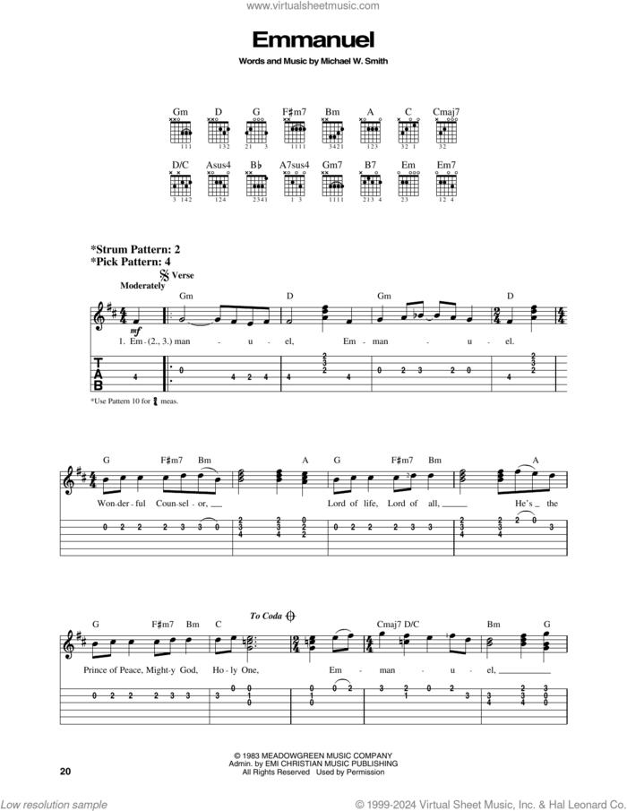 Emmanuel sheet music for guitar solo (easy tablature) by Michael W. Smith, easy guitar (easy tablature)